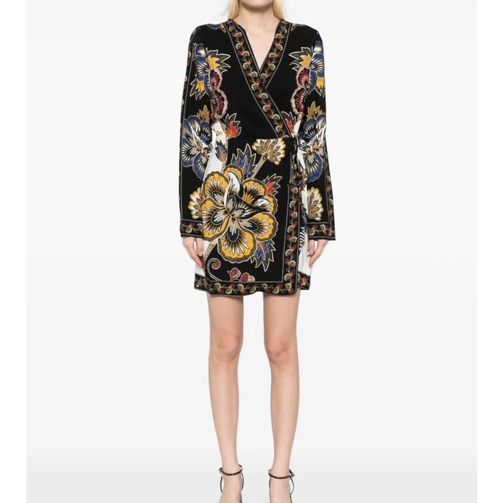 FARM Rio Black Floral Wrap-Style Long Sleeve Dress with Yellow & Blue Accents
